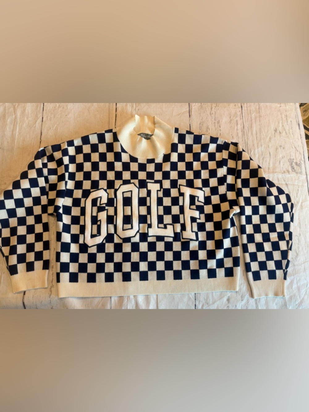 Gameday Social GOLF Large Unisex Comfort Crew Neck Sweater Checkered Blue Cream